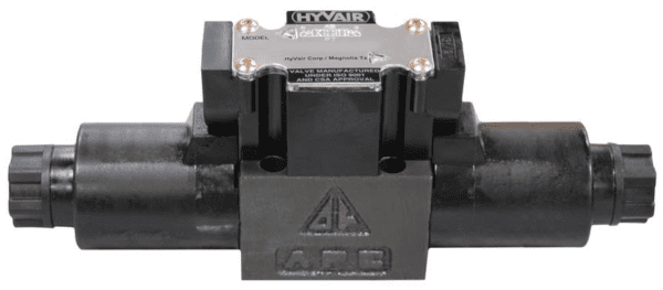 A black and silver block with two valves