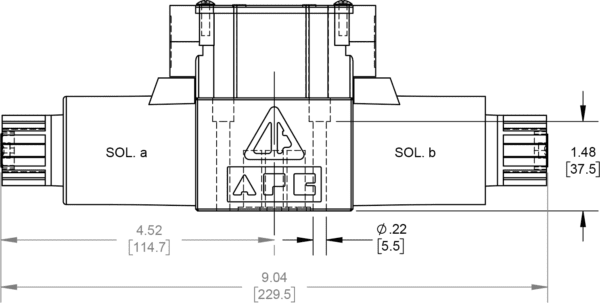 A drawing of the front view of a solenoid valve.