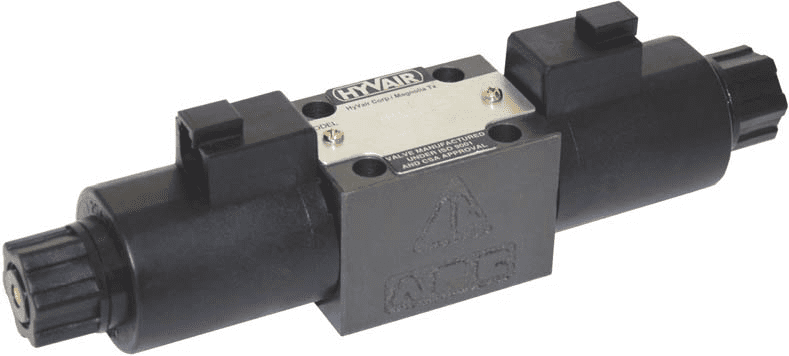 A black and silver directional control valve.