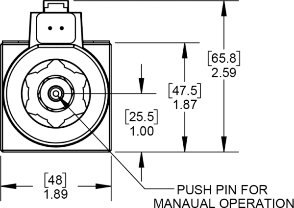 A drawing of the front view of a manual operated valve.