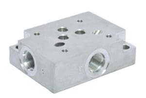 A silver block with three holes and two other holes.