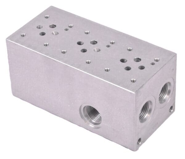 A metal block with holes for the valves.