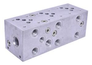 A silver block with holes in it