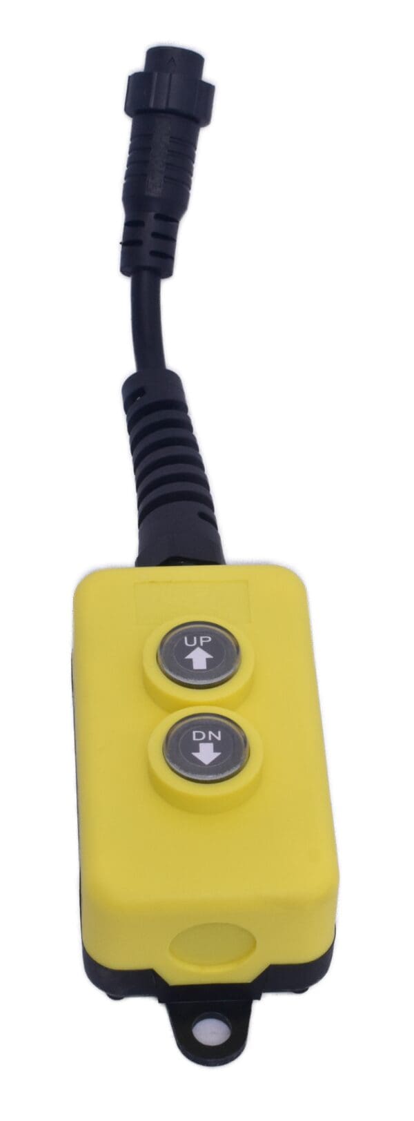 A yellow remote control with two buttons and an arrow pointing up.