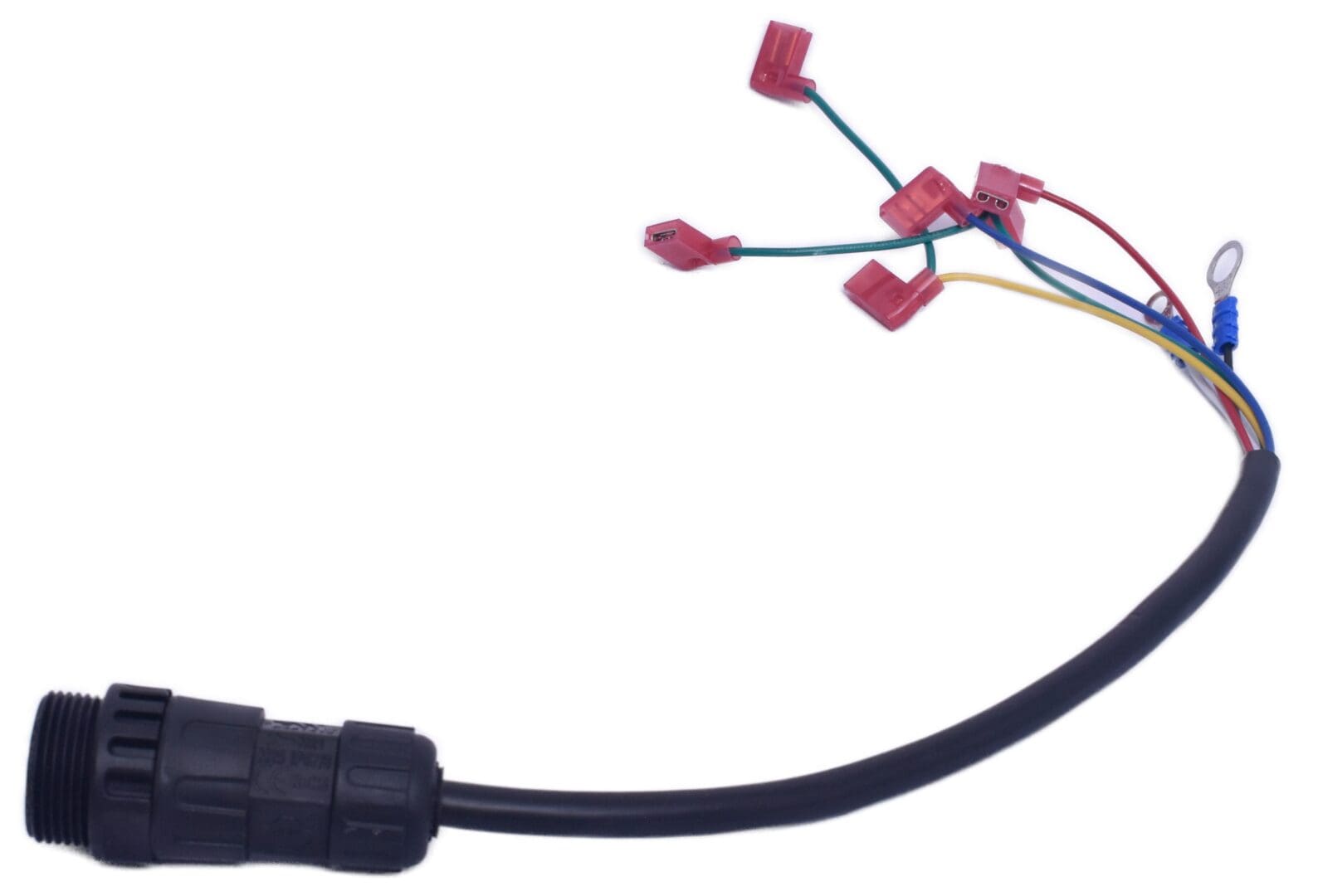 A black cable with red and yellow wires attached to it.