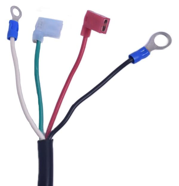 A wire harness with three different wires and two terminals.