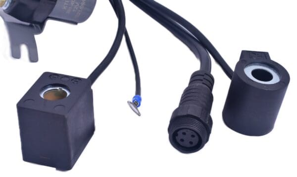 A black cord with blue wire and two plugs.