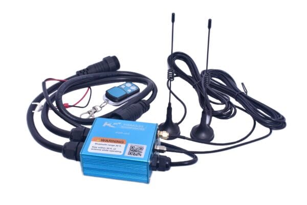 A blue device with two antennas and one remote control.