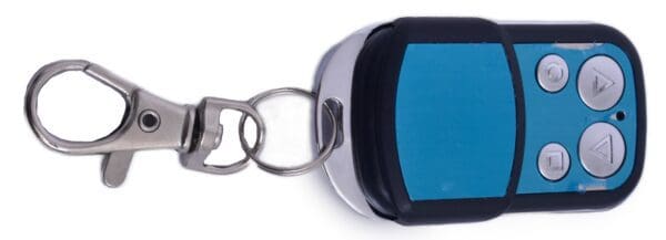 A key chain with a blue screen and two silver rings.